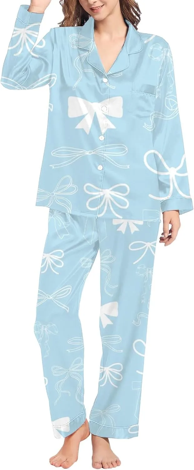 Womens Pajama Sets Home Leisure Valentine's Day Bow Love Loose Imitation Long Sleeve Shirt with Long Pajama Pant Set
