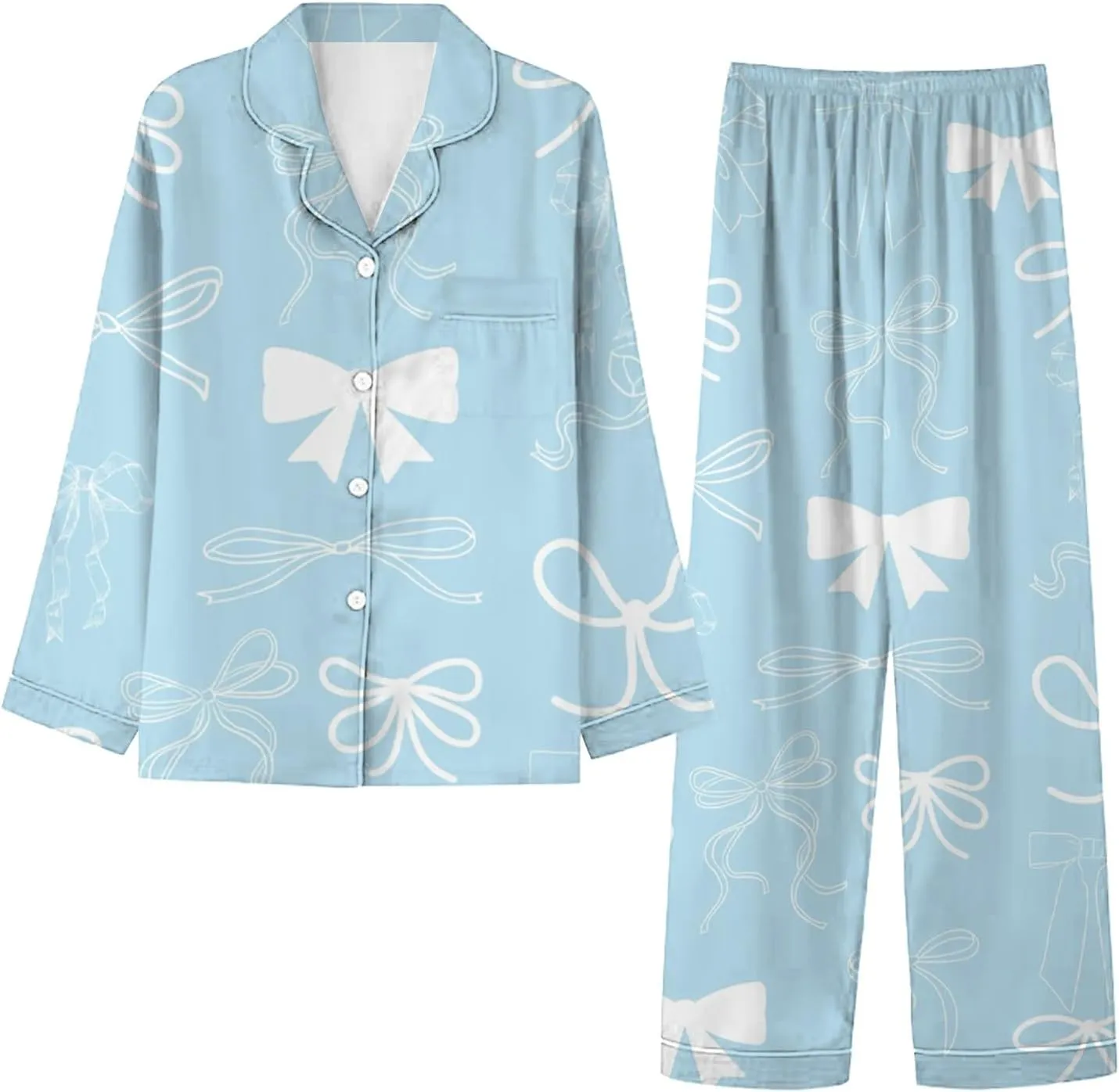 Womens Pajama Sets Home Leisure Valentine's Day Bow Love Loose Imitation Long Sleeve Shirt with Long Pajama Pant Set