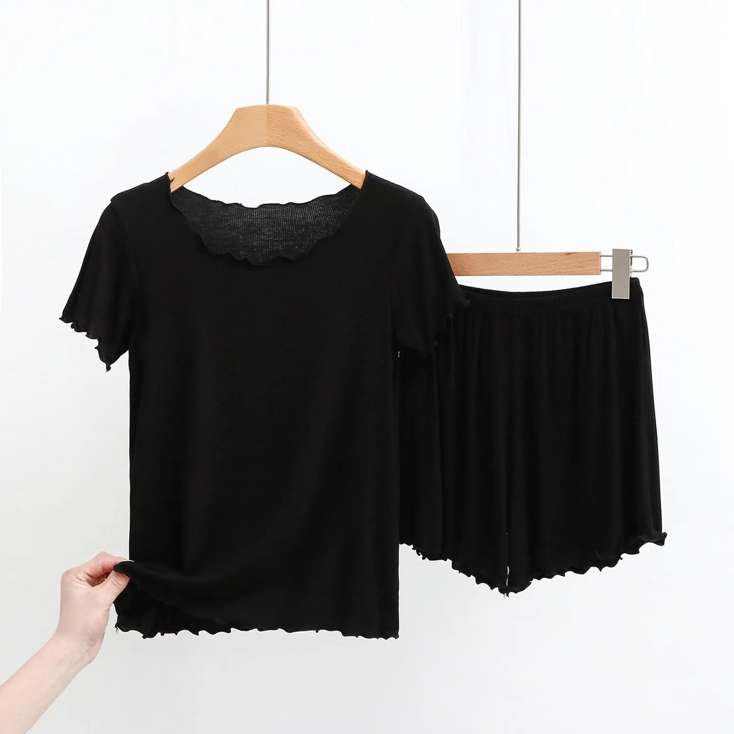Womens Pajama Sets Summer Short Pj Set Short Sleeve Top Shorts Sleepwear 2 Piece Thin Cotton Ribbed Knit Lounge Set