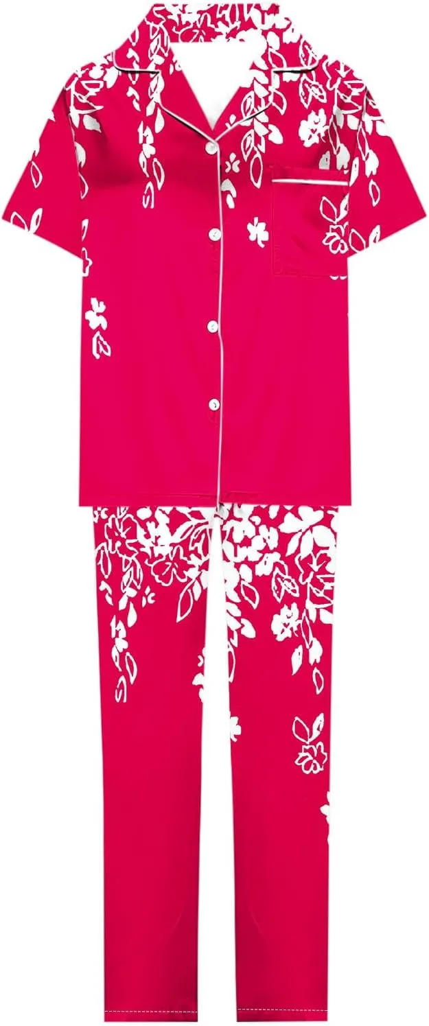 Womens Pajamas Set Button Up Pj Sets Cute Floral Print Short Sleeve Sleepwear with Long Pants Soft Cozy Loungewear