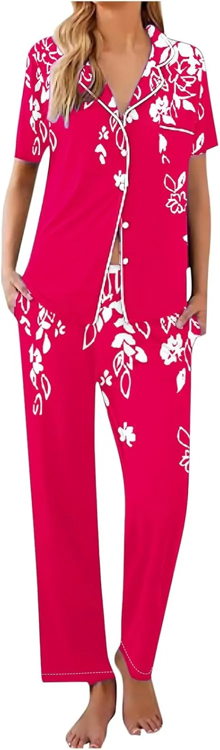 Womens Pajamas Set Button Up Pj Sets Cute Floral Print Short Sleeve Sleepwear with Long Pants Soft Cozy Loungewear