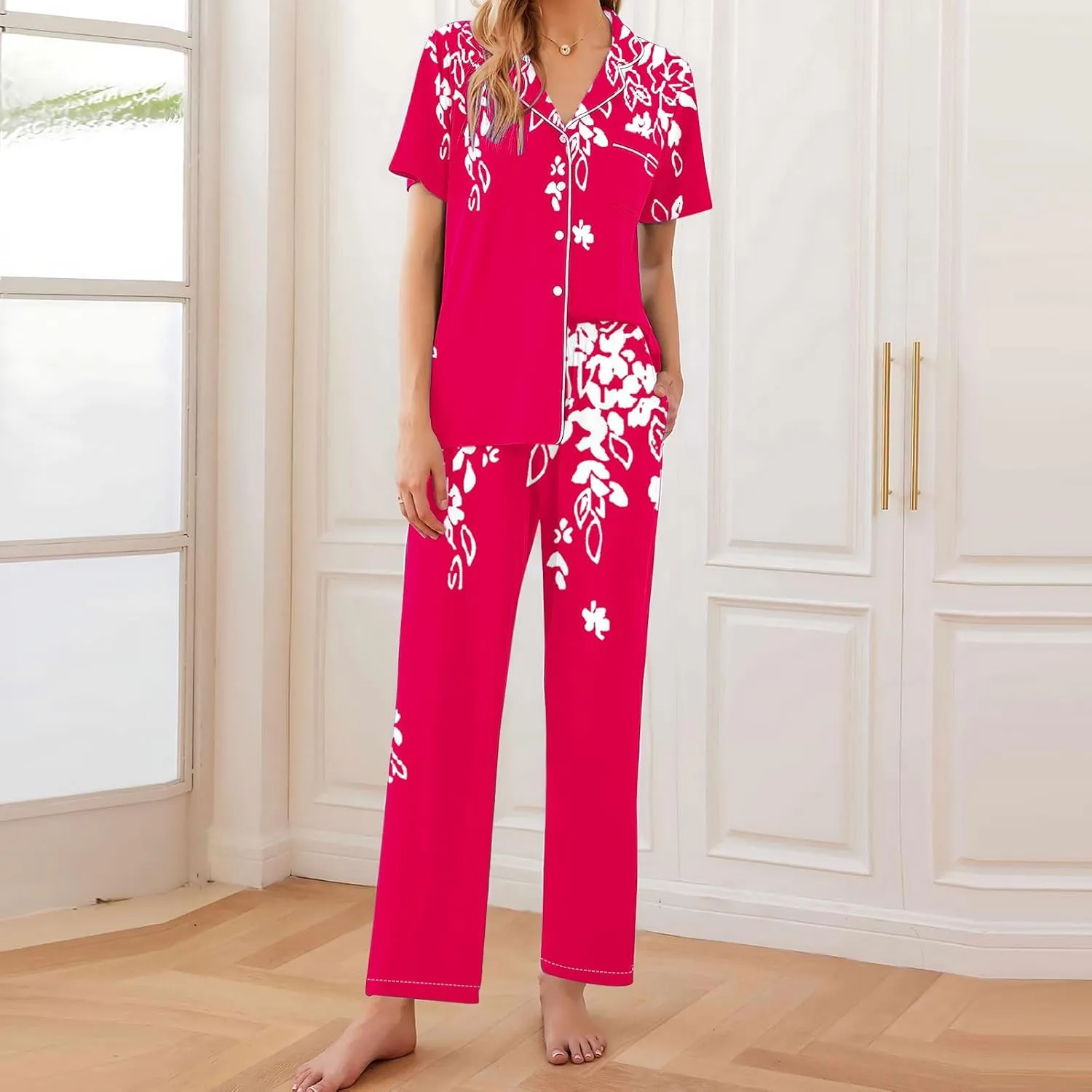 Womens Pajamas Set Button Up Pj Sets Cute Floral Print Short Sleeve Sleepwear with Long Pants Soft Cozy Loungewear