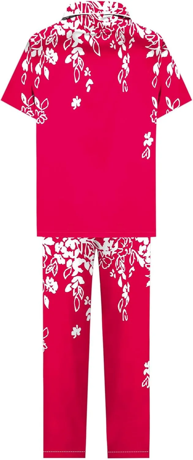 Womens Pajamas Set Button Up Pj Sets Cute Floral Print Short Sleeve Sleepwear with Long Pants Soft Cozy Loungewear