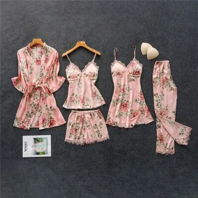 Women's Pajamas Silk Floral Overall Print 2Pcs-5Pcs Pajama Set Satin Pyjamas Sexy Lace Pyjama Nightie Sleepwear Home Clothes