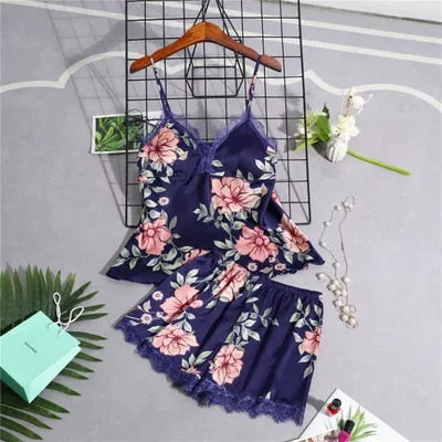 Women's Pajamas Silk Floral Overall Print 2Pcs-5Pcs Pajama Set Satin Pyjamas Sexy Lace Pyjama Nightie Sleepwear Home Clothes