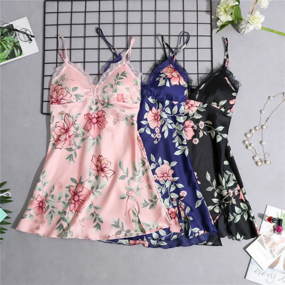 Women's Pajamas Silk Floral Overall Print 2Pcs-5Pcs Pajama Set Satin Pyjamas Sexy Lace Pyjama Nightie Sleepwear Home Clothes