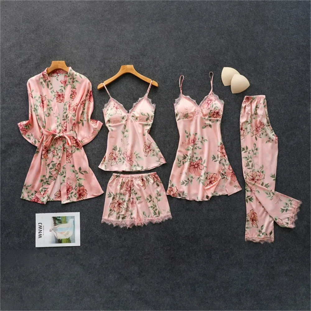 Women's Pajamas Silk Floral Overall Print 2Pcs-5Pcs Pajama Set Satin Pyjamas Sexy Lace Pyjama Nightie Sleepwear Home Clothes