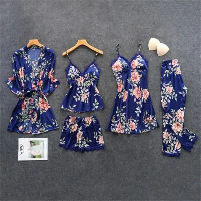 Women's Pajamas Silk Floral Overall Print 2Pcs-5Pcs Pajama Set Satin Pyjamas Sexy Lace Pyjama Nightie Sleepwear Home Clothes