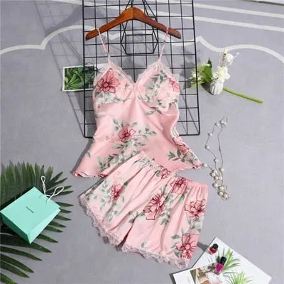 Women's Pajamas Silk Floral Overall Print 2Pcs-5Pcs Pajama Set Satin Pyjamas Sexy Lace Pyjama Nightie Sleepwear Home Clothes