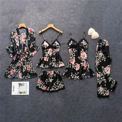 Women's Pajamas Silk Floral Overall Print 2Pcs-5Pcs Pajama Set Satin Pyjamas Sexy Lace Pyjama Nightie Sleepwear Home Clothes