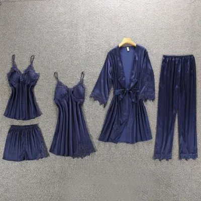 Women's Pajamas Silk Floral Overall Print 2Pcs-5Pcs Pajama Set Satin Pyjamas Sexy Lace Pyjama Nightie Sleepwear Home Clothes