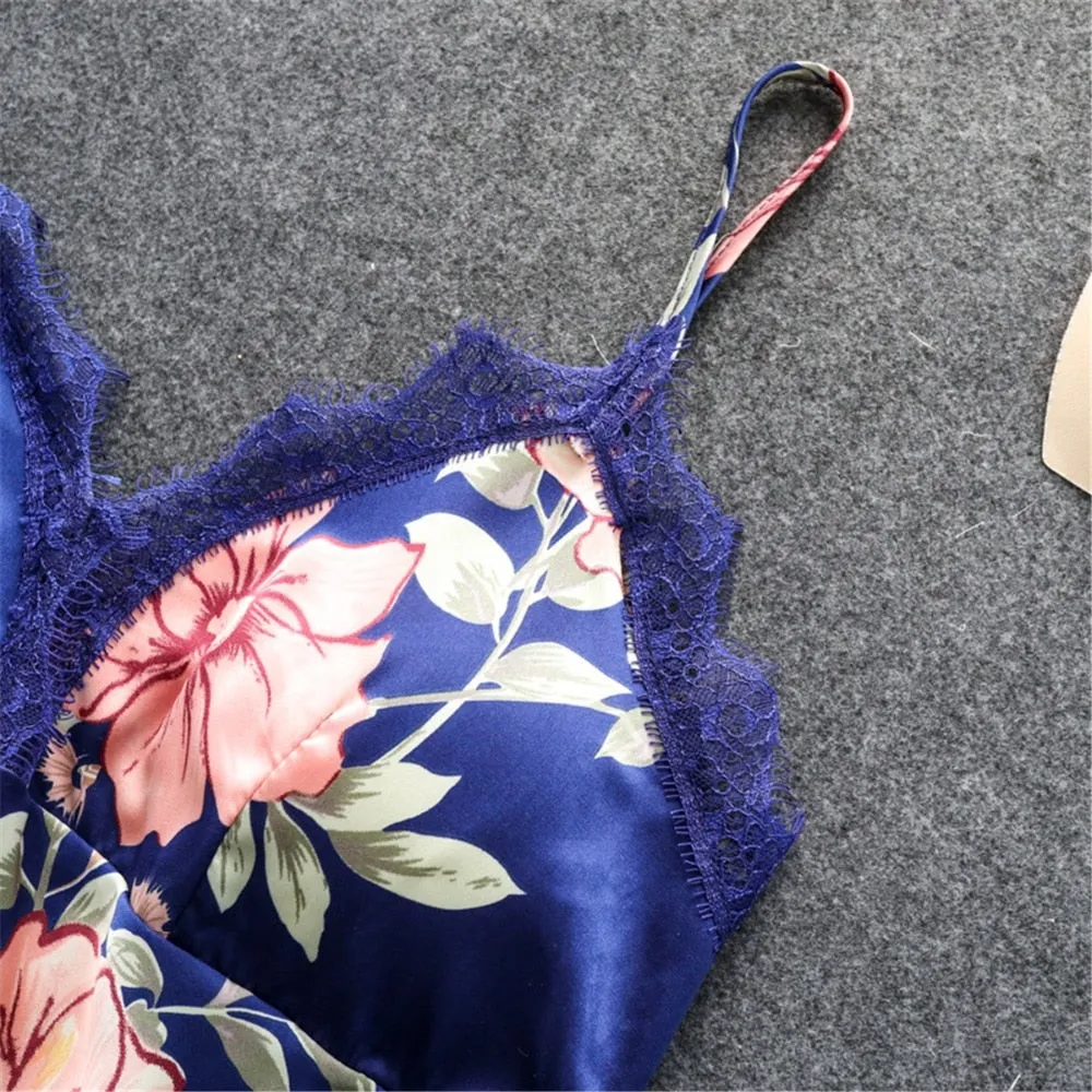 Women's Pajamas Silk Floral Overall Print 2Pcs-5Pcs Pajama Set Satin Pyjamas Sexy Lace Pyjama Nightie Sleepwear Home Clothes