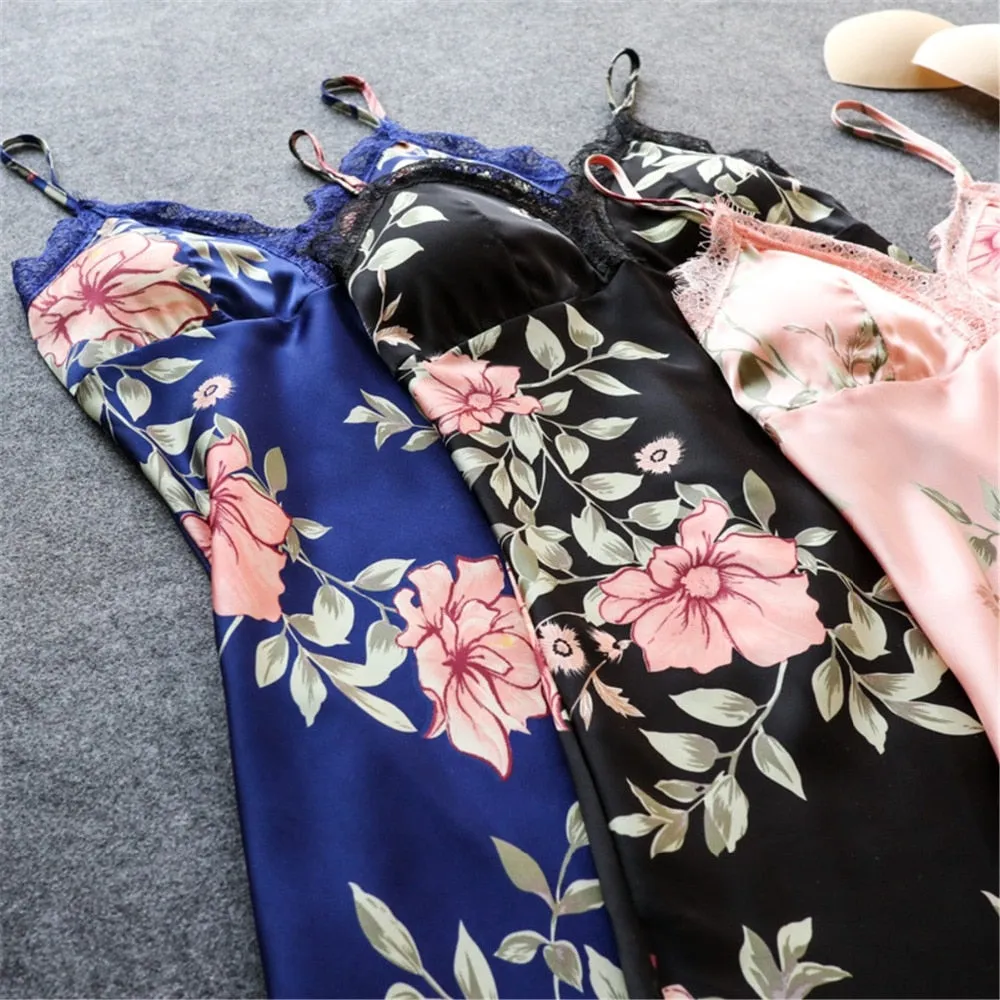 Women's Pajamas Silk Floral Overall Print 2Pcs-5Pcs Pajama Set Satin Pyjamas Sexy Lace Pyjama Nightie Sleepwear Home Clothes
