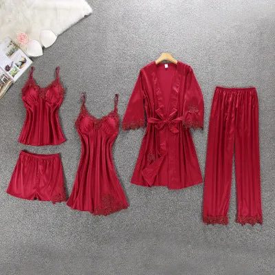 Women's Pajamas Silk Floral Overall Print 2Pcs-5Pcs Pajama Set Satin Pyjamas Sexy Lace Pyjama Nightie Sleepwear Home Clothes