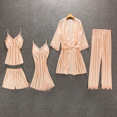 Women's Pajamas Silk Floral Overall Print 2Pcs-5Pcs Pajama Set Satin Pyjamas Sexy Lace Pyjama Nightie Sleepwear Home Clothes