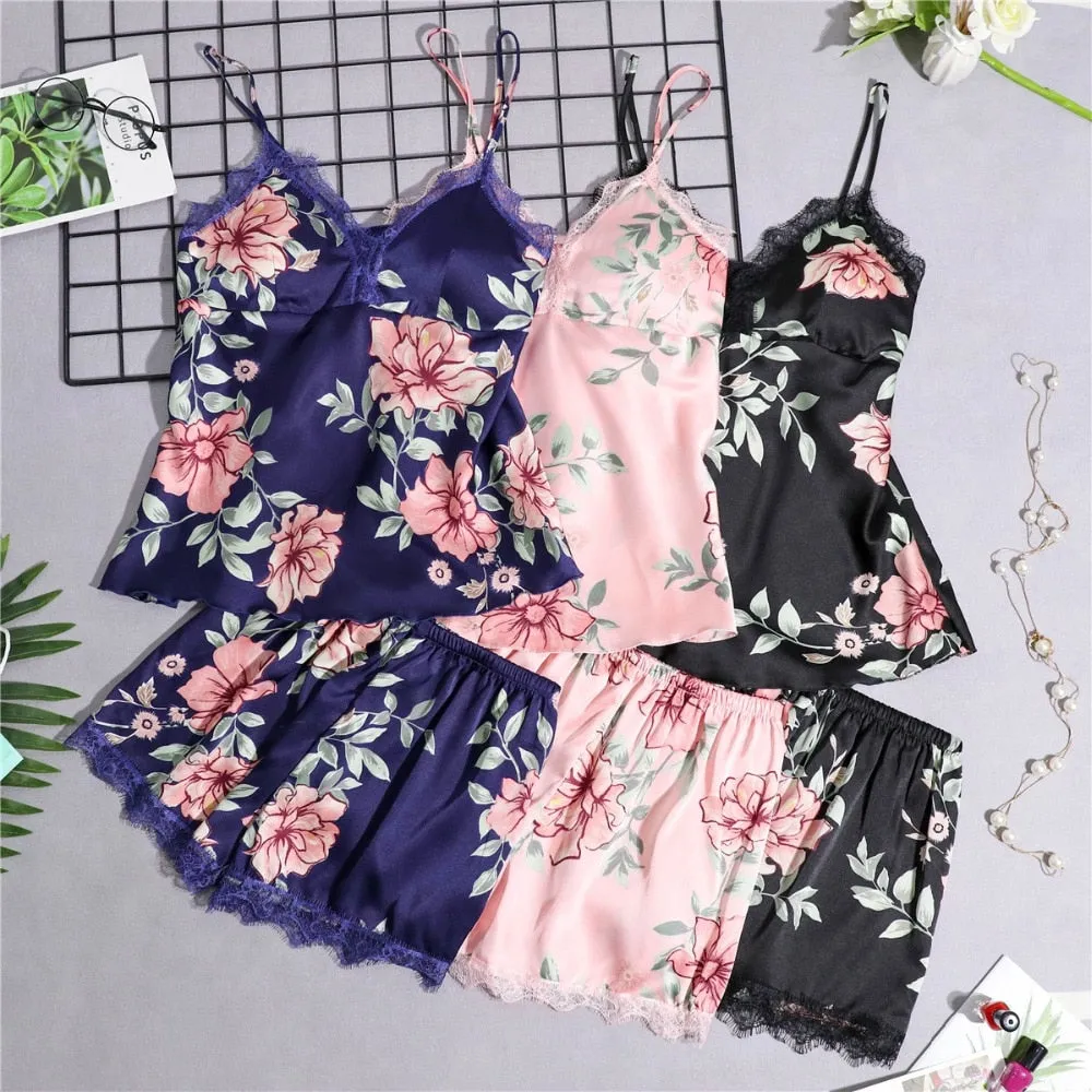 Women's Pajamas Silk Floral Overall Print 2Pcs-5Pcs Pajama Set Satin Pyjamas Sexy Lace Pyjama Nightie Sleepwear Home Clothes