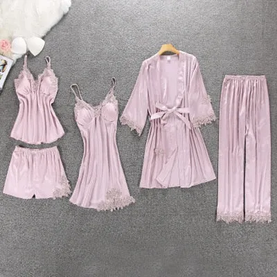 Women's Pajamas Silk Floral Overall Print 2Pcs-5Pcs Pajama Set Satin Pyjamas Sexy Lace Pyjama Nightie Sleepwear Home Clothes