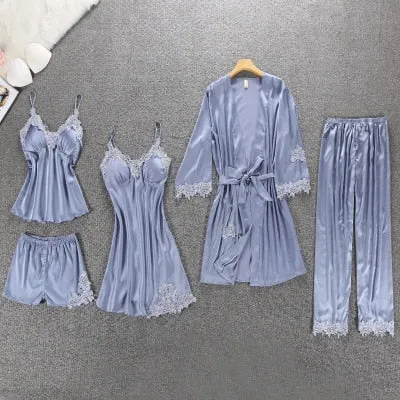 Women's Pajamas Silk Floral Overall Print 2Pcs-5Pcs Pajama Set Satin Pyjamas Sexy Lace Pyjama Nightie Sleepwear Home Clothes