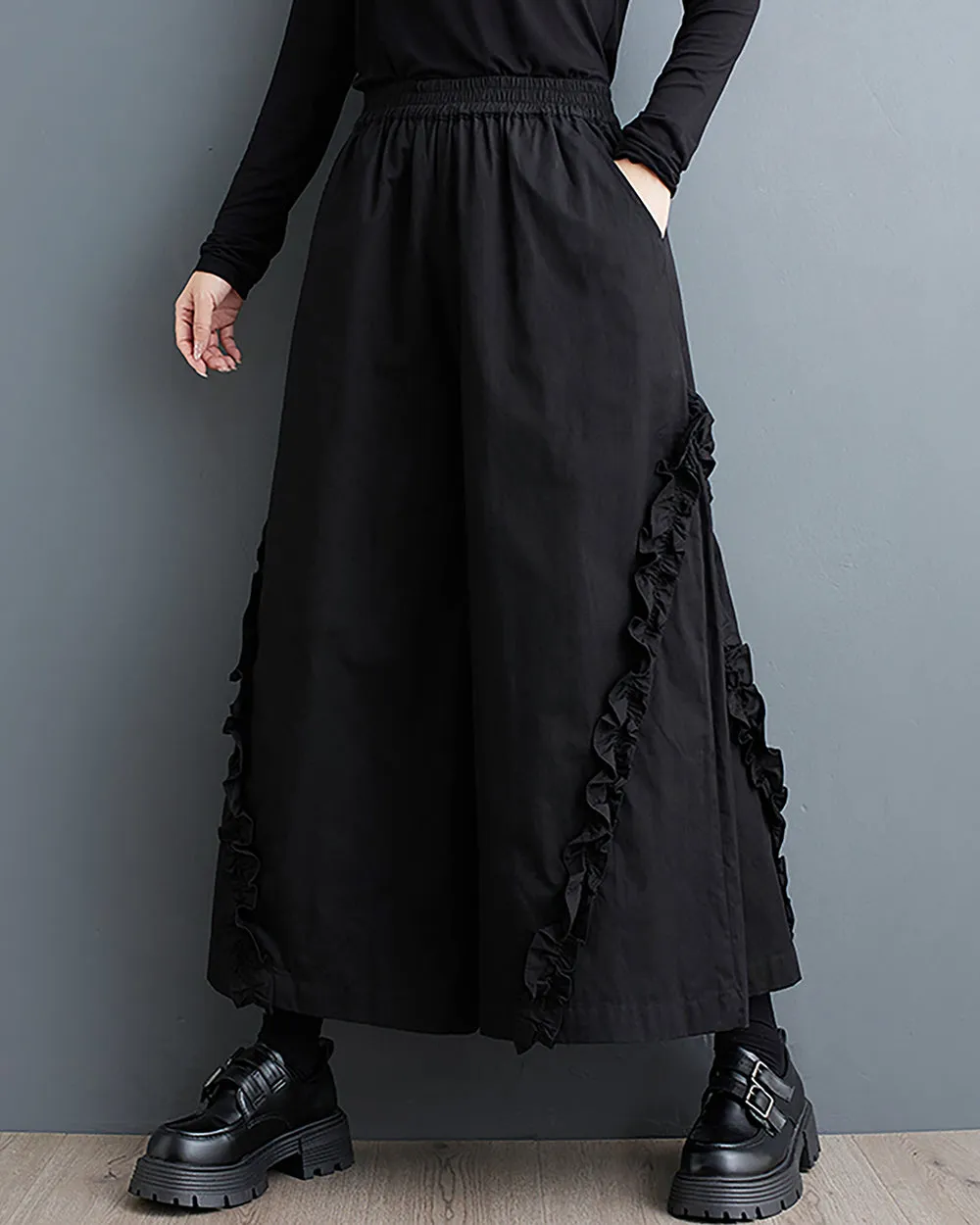 Women's Pants Elastic Two Side Pockets Flowy Hem Solid Color Lace Baggy Below Knee Loose Oversize GZ280