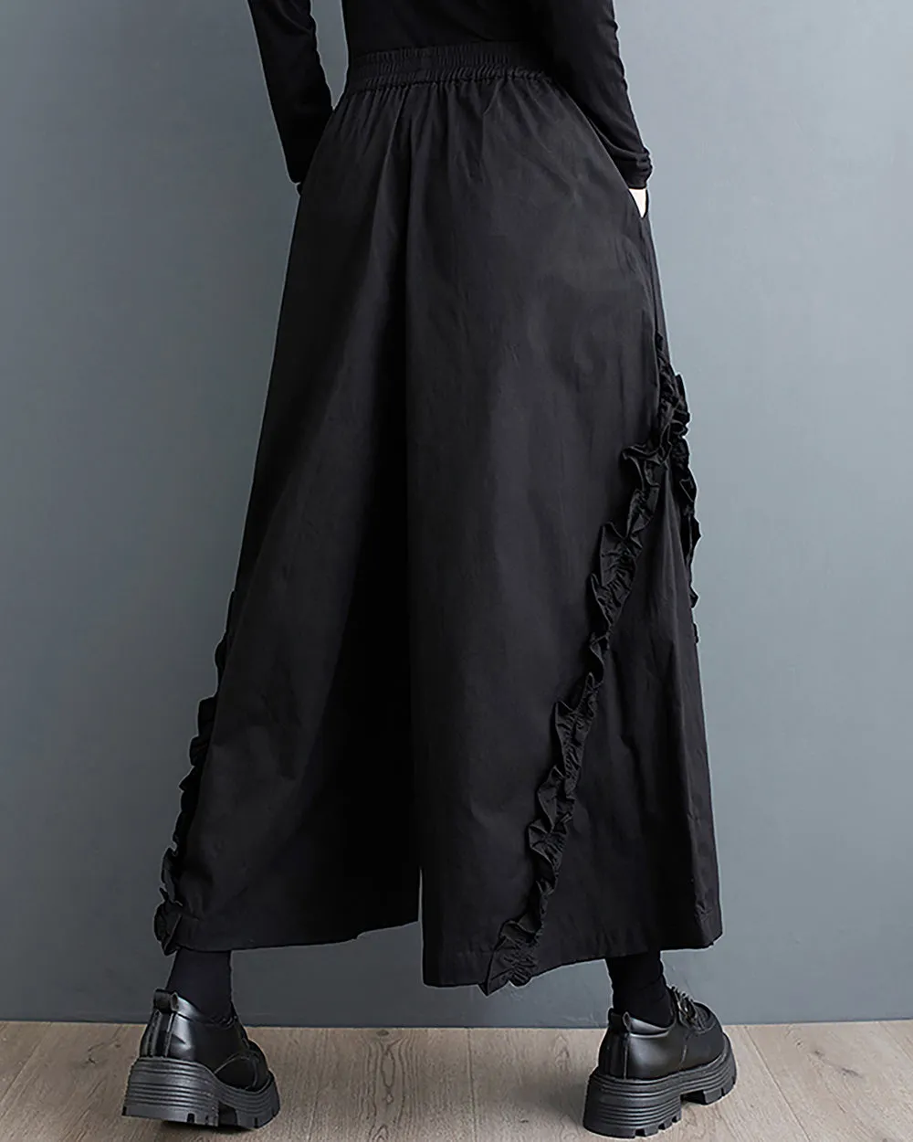 Women's Pants Elastic Two Side Pockets Flowy Hem Solid Color Lace Baggy Below Knee Loose Oversize GZ280