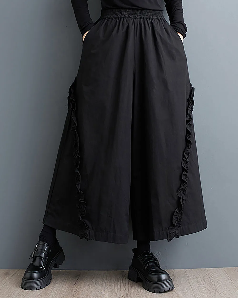 Women's Pants Elastic Two Side Pockets Flowy Hem Solid Color Lace Baggy Below Knee Loose Oversize GZ280