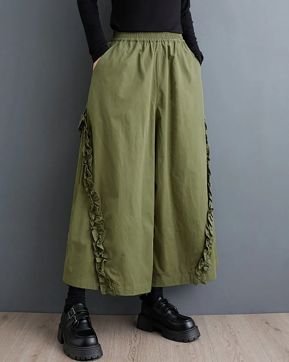 Women's Pants Elastic Two Side Pockets Flowy Hem Solid Color Lace Baggy Below Knee Loose Oversize GZ280