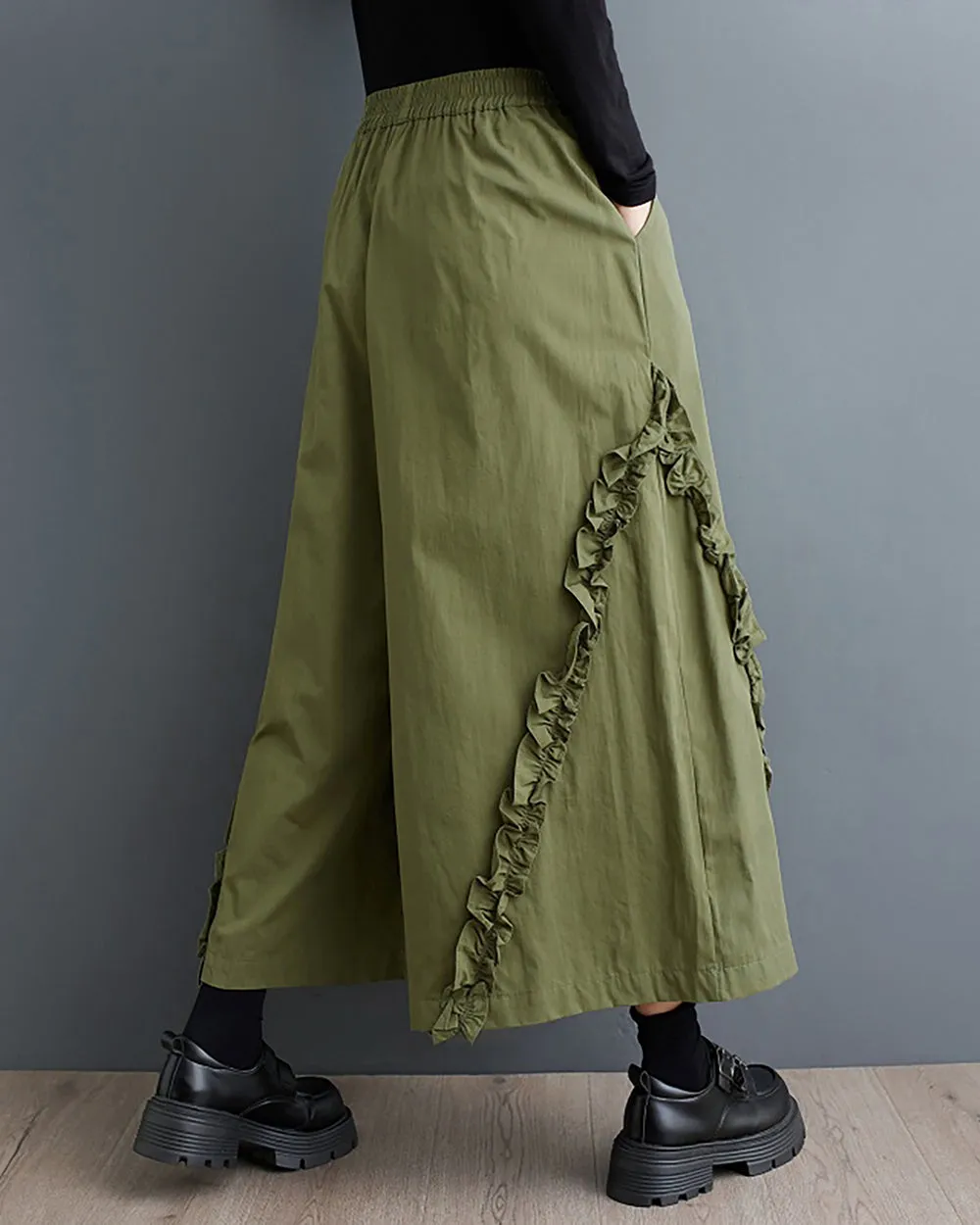 Women's Pants Elastic Two Side Pockets Flowy Hem Solid Color Lace Baggy Below Knee Loose Oversize GZ280