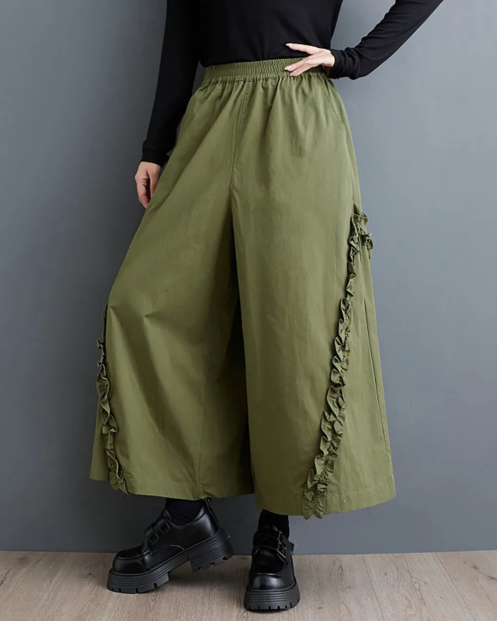 Women's Pants Elastic Two Side Pockets Flowy Hem Solid Color Lace Baggy Below Knee Loose Oversize GZ280