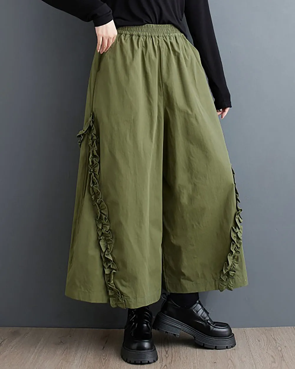 Women's Pants Elastic Two Side Pockets Flowy Hem Solid Color Lace Baggy Below Knee Loose Oversize GZ280