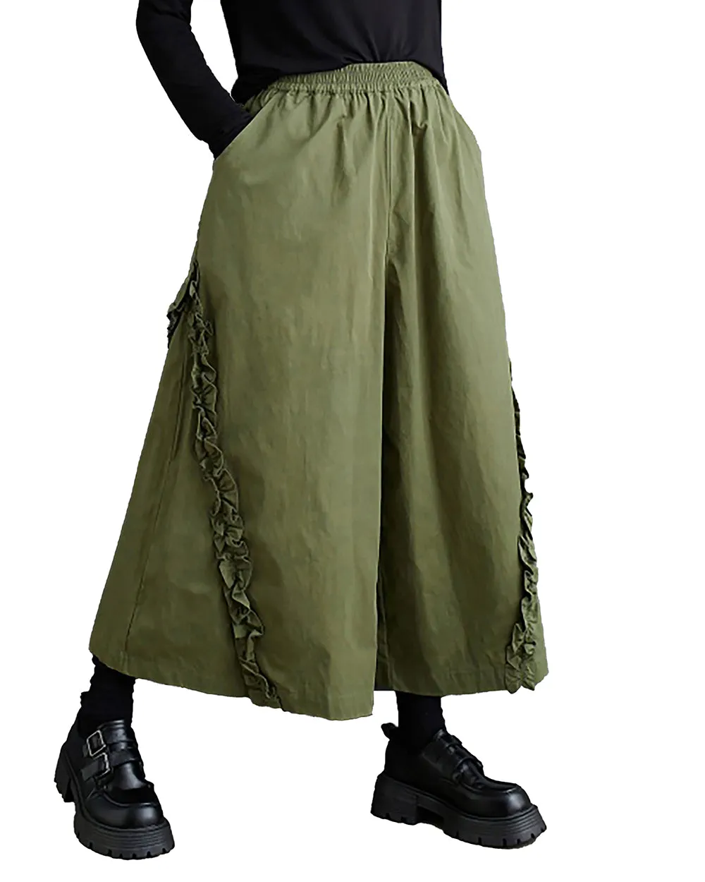 Women's Pants Elastic Two Side Pockets Flowy Hem Solid Color Lace Baggy Below Knee Loose Oversize GZ280
