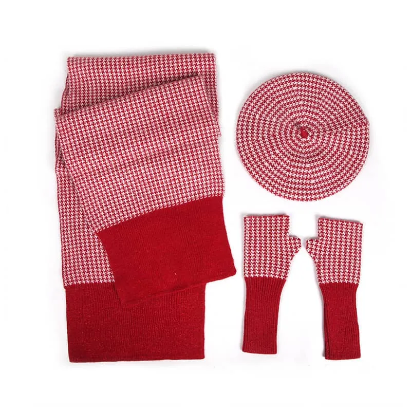Women's plaid painter hat warm hat scarf gloves three-piece set