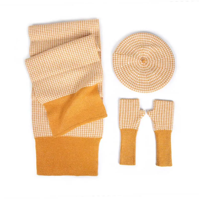 Women's plaid painter hat warm hat scarf gloves three-piece set