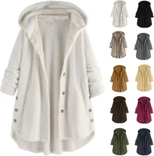 Womens Plus Size Fleece Jacket Button Fuzzy Plush Chunky Cardigan Sweater Hooded Sweatshirt Winter Warm Casual Coat