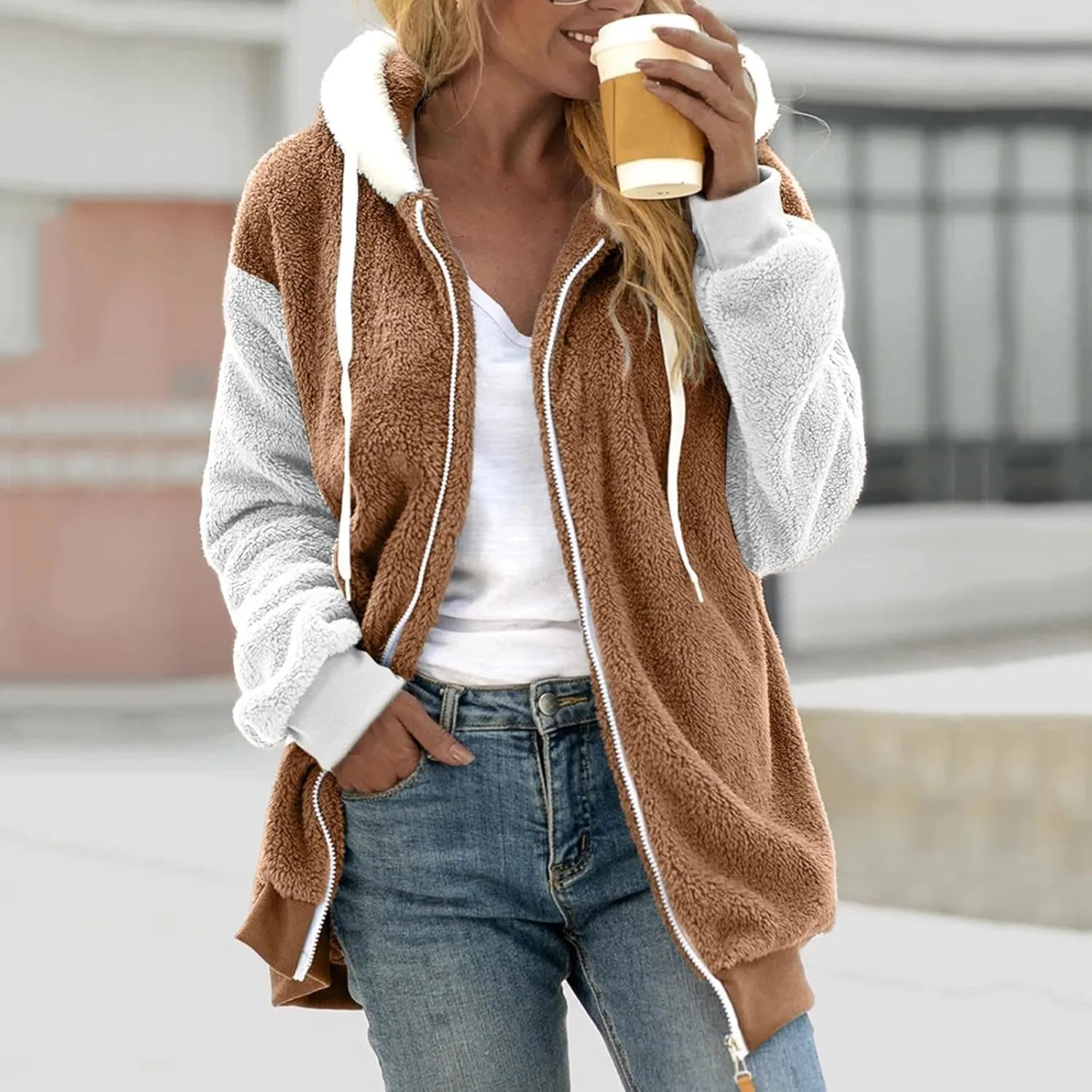 Womens Plus Size Fuzzy Fleece Jacket Winter Full Zip Plush Hooded Cardigan Coats Soft Oversized Shaggy Warm Outerwear 2024