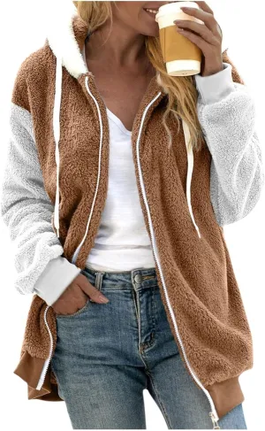 Womens Plus Size Fuzzy Fleece Jacket Winter Full Zip Plush Hooded Cardigan Coats Soft Oversized Shaggy Warm Outerwear 2024