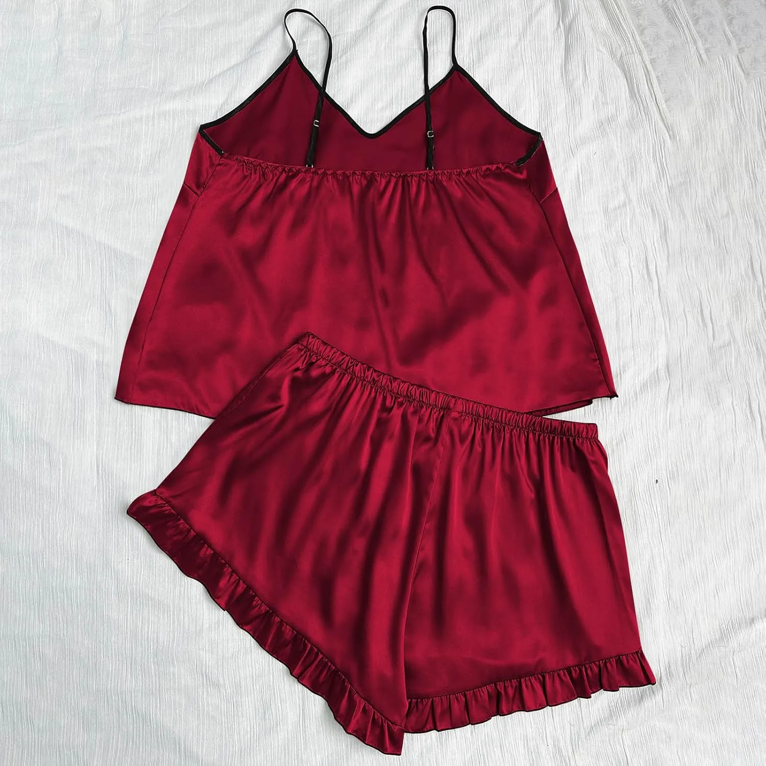 Women's Plus Size Satin Silk Pajama Set, Lightweight Comfy Camisole Sets with Drawstring Ruffle Trim Shorts