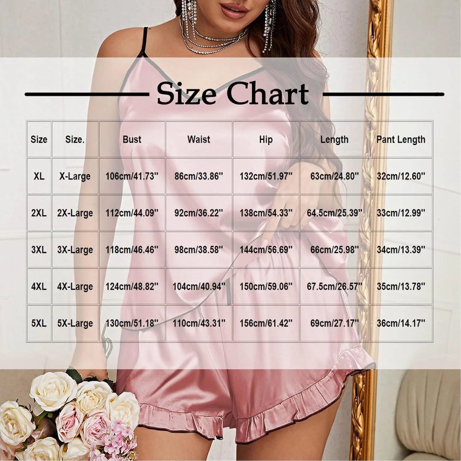 Women's Plus Size Satin Silk Pajama Set, Lightweight Comfy Camisole Sets with Drawstring Ruffle Trim Shorts
