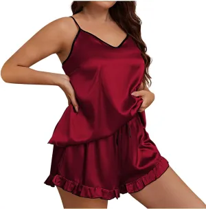 Women's Plus Size Satin Silk Pajama Set, Lightweight Comfy Camisole Sets with Drawstring Ruffle Trim Shorts