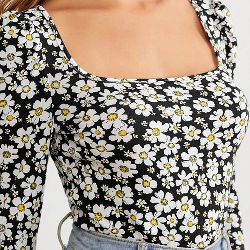 Women's Polyester Long-Sleeved Square-Neck T-Shirt