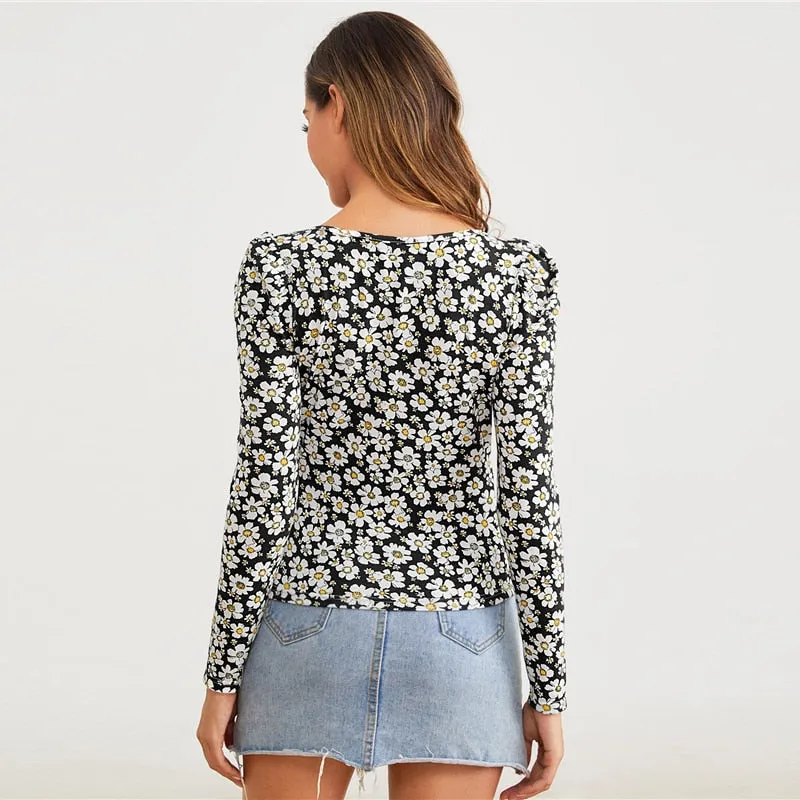 Women's Polyester Long-Sleeved Square-Neck T-Shirt