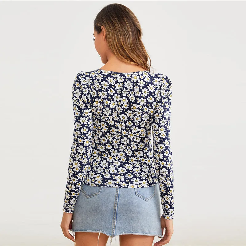 Women's Polyester Long-Sleeved Square-Neck T-Shirt