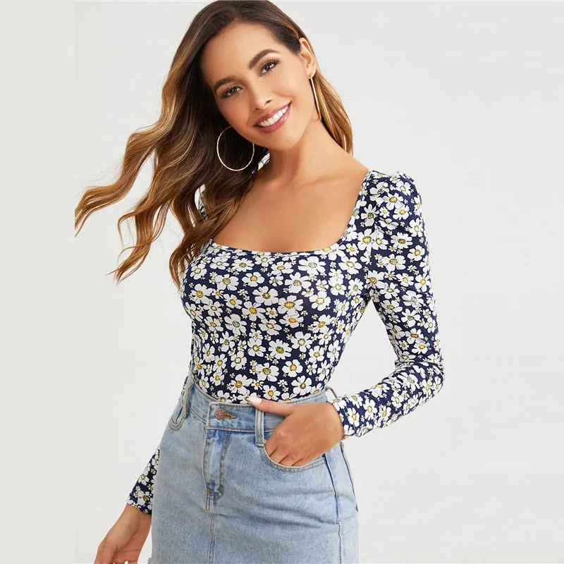 Women's Polyester Long-Sleeved Square-Neck T-Shirt