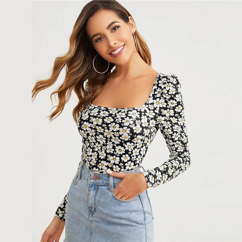 Women's Polyester Long-Sleeved Square-Neck T-Shirt