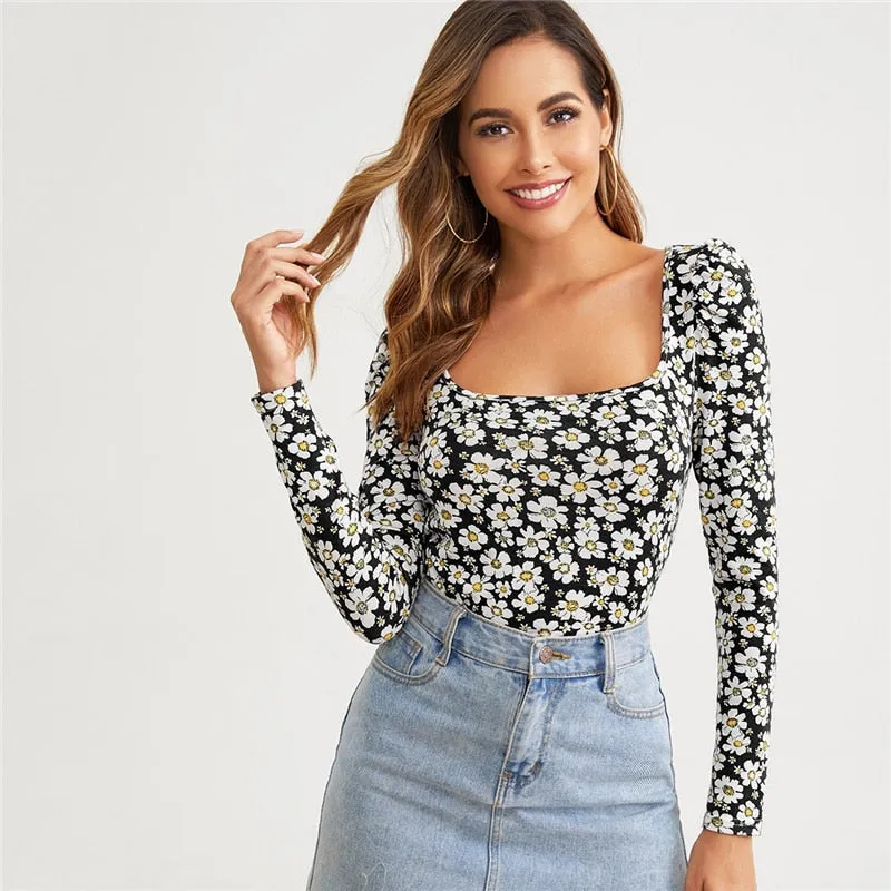 Women's Polyester Long-Sleeved Square-Neck T-Shirt