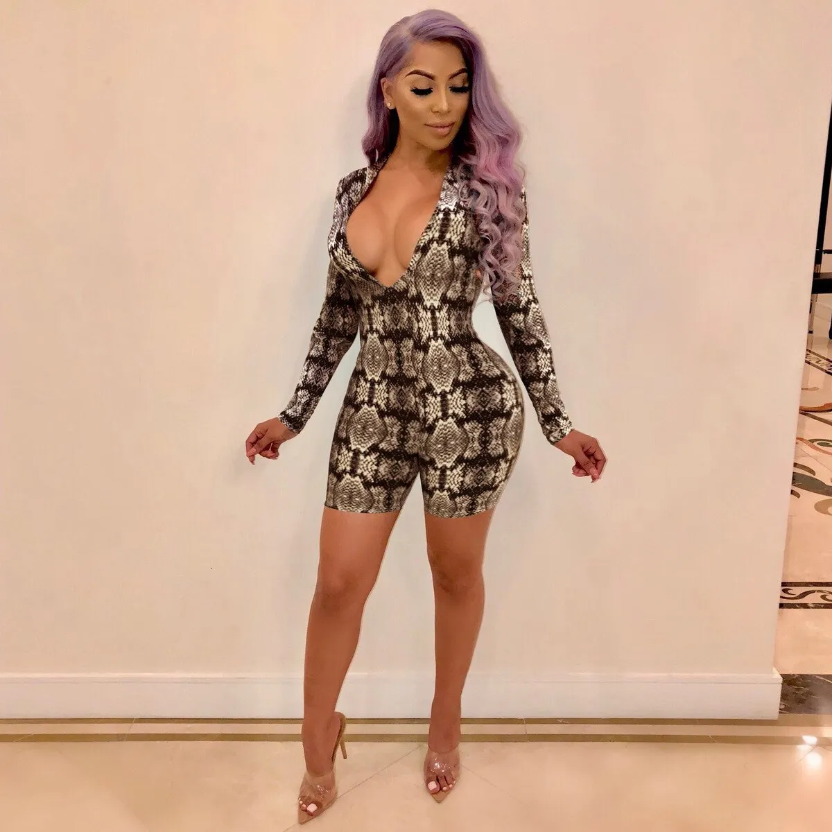Women's Polyester Skinny V-Neck Leopard Romper