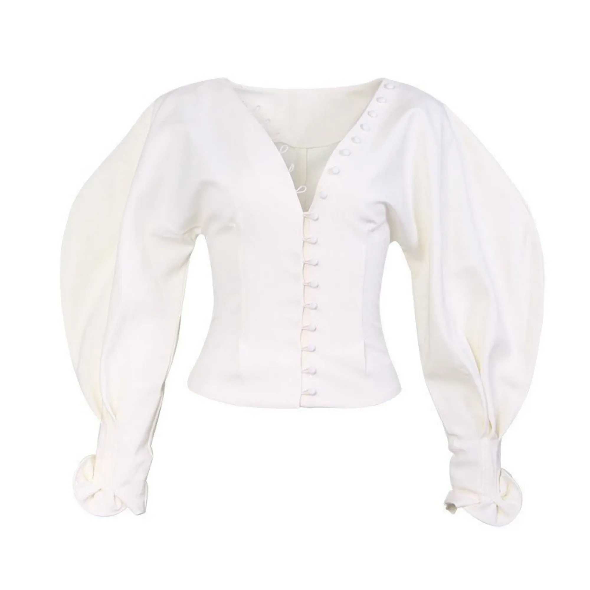 Women's Polyester V-Neck Lantern-Sleeved Slim Blouse