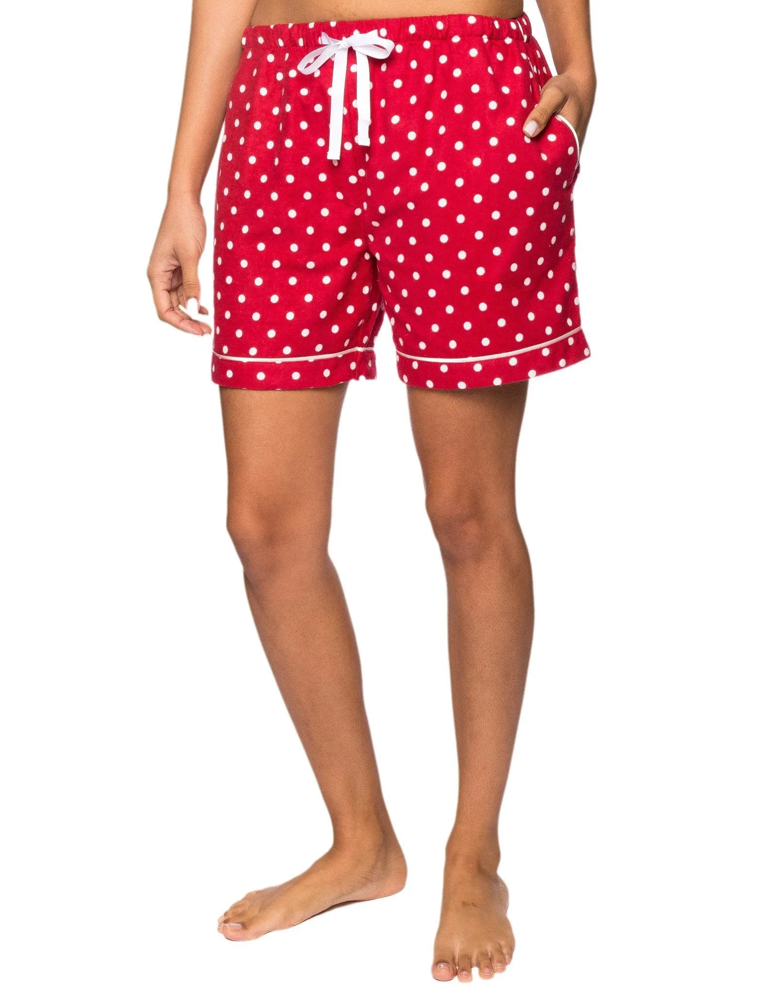 Women's Premium 100% Cotton Flannel Lounge Shorts 2-Pack - Dots Diva-Hearts Red