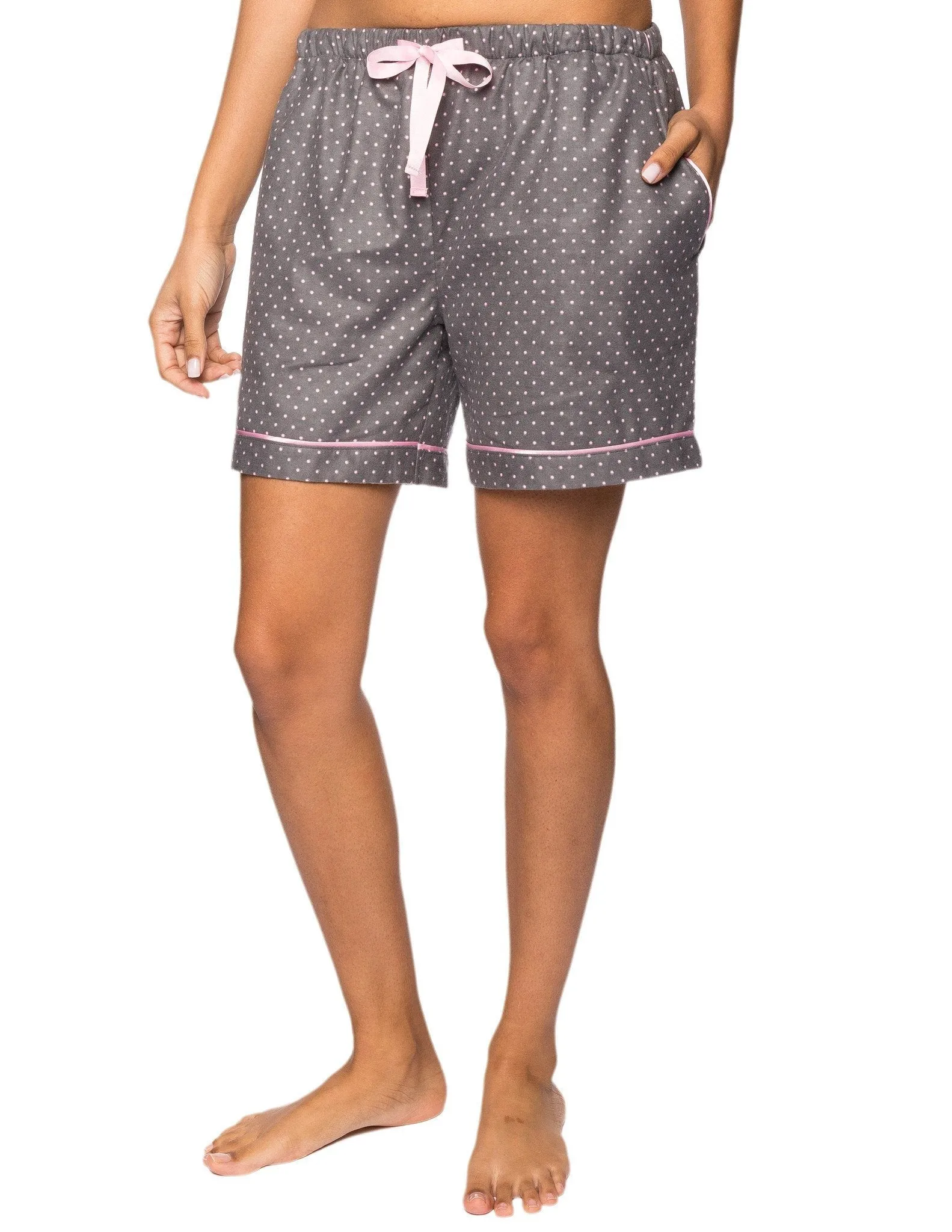 Women's Premium 100% Cotton Flannel Lounge Shorts 2-Pack - Leopard-Pin Dots Pink
