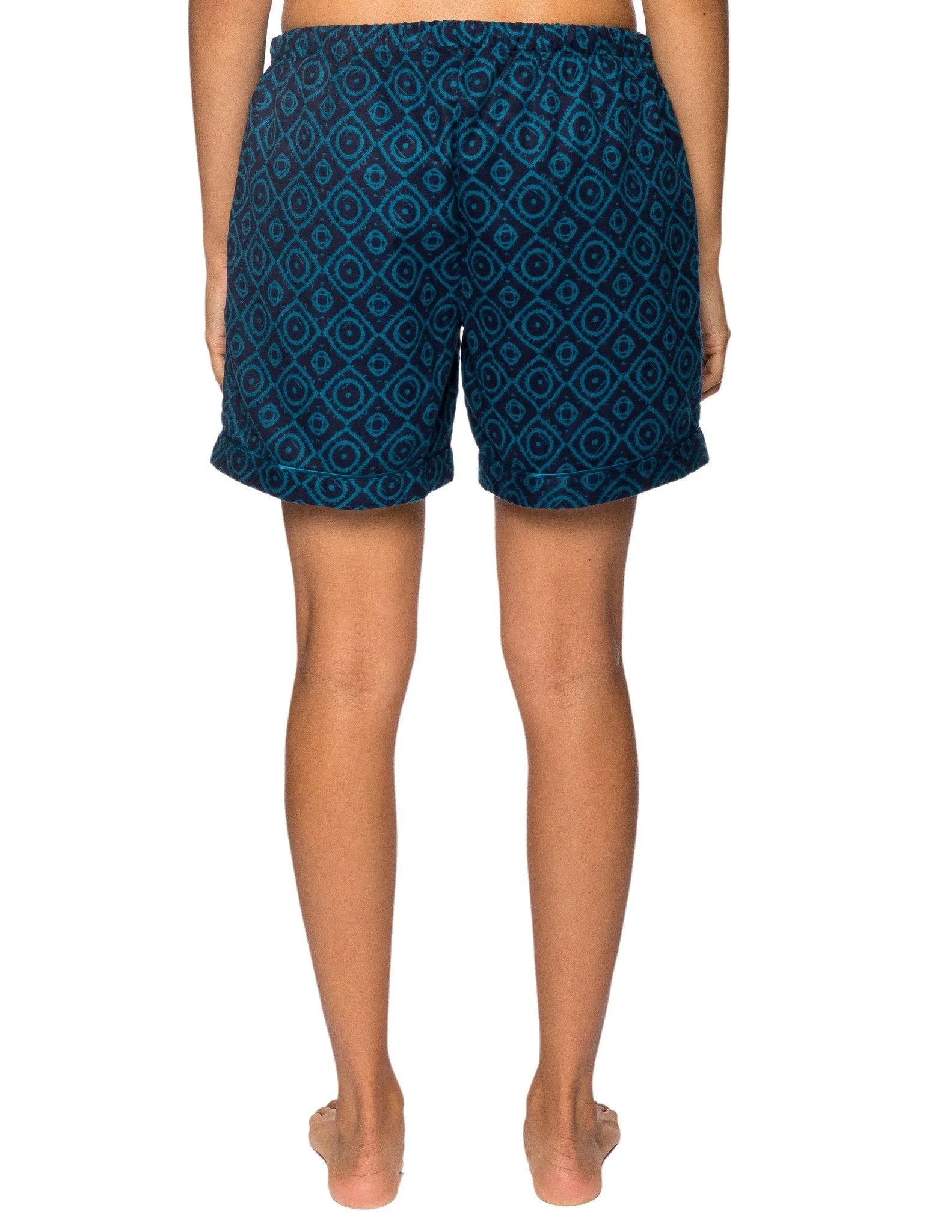 Women's Premium 100% Cotton Flannel Lounge Shorts 2-Pack - Moroccan-Herringbone Navy/Aqua