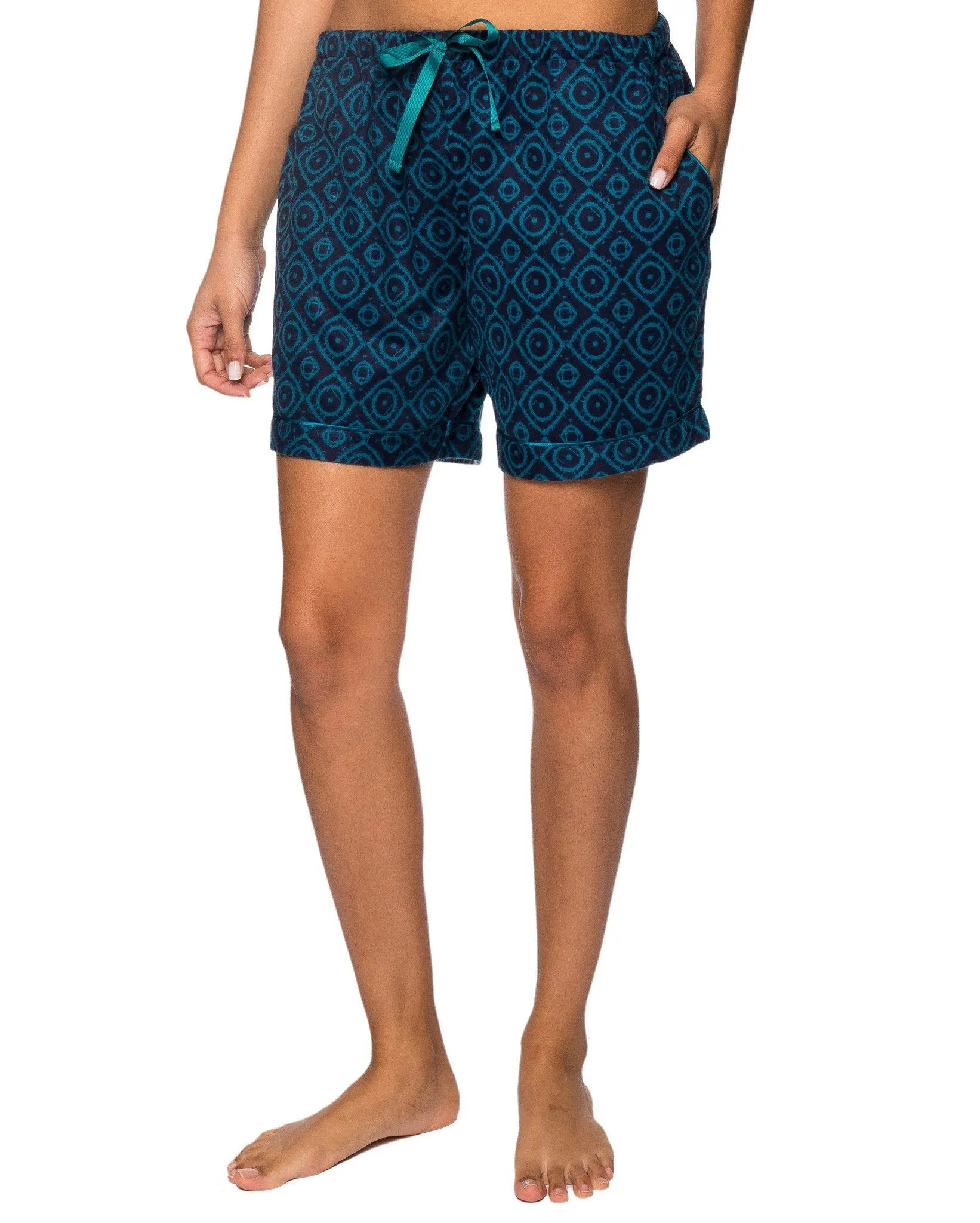 Women's Premium 100% Cotton Flannel Lounge Shorts 2-Pack - Moroccan-Herringbone Navy/Aqua